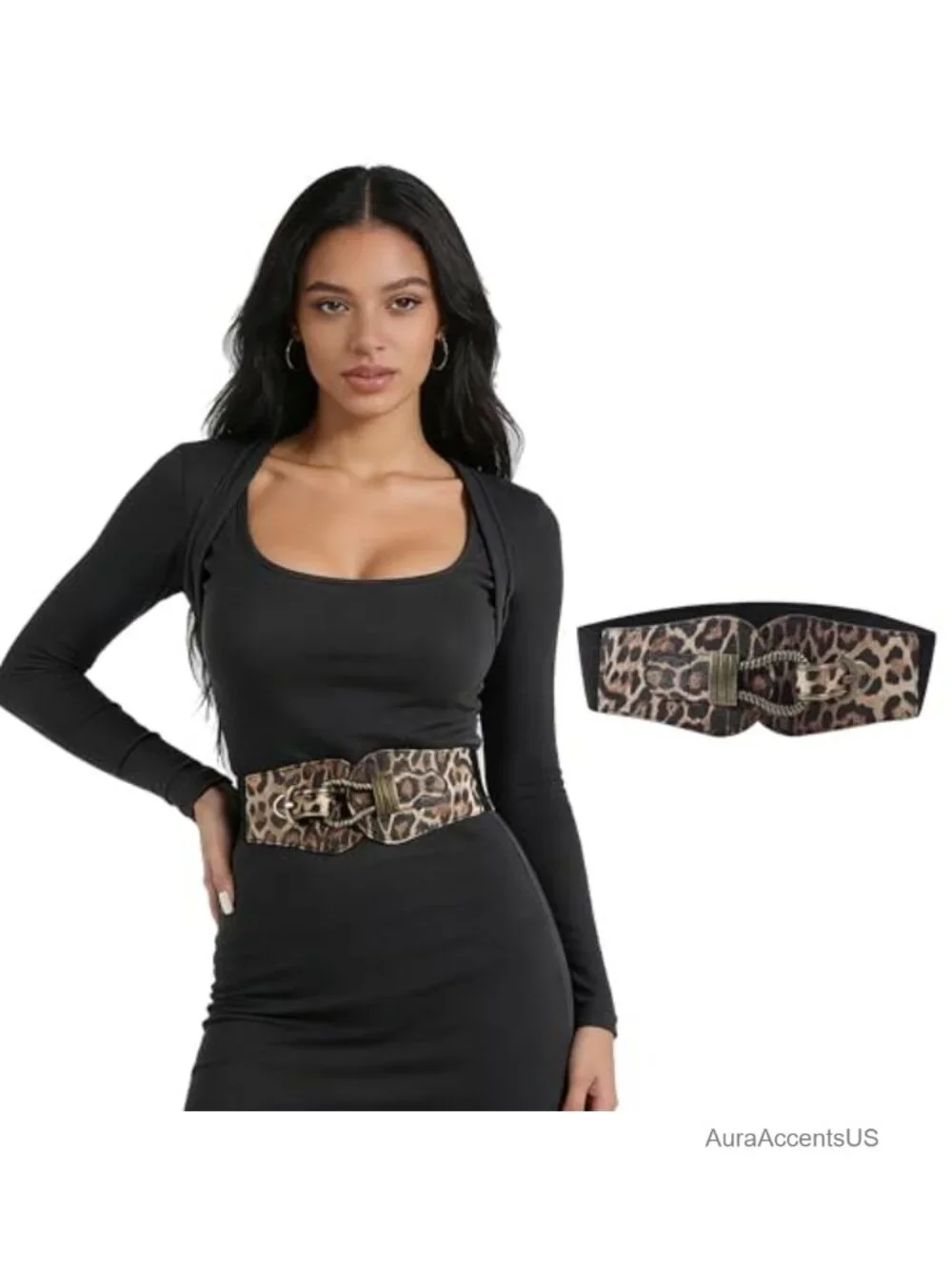 Novelty Leopard Print PU Leather Stretchy Elastic Wide Cinch Belt 2.35